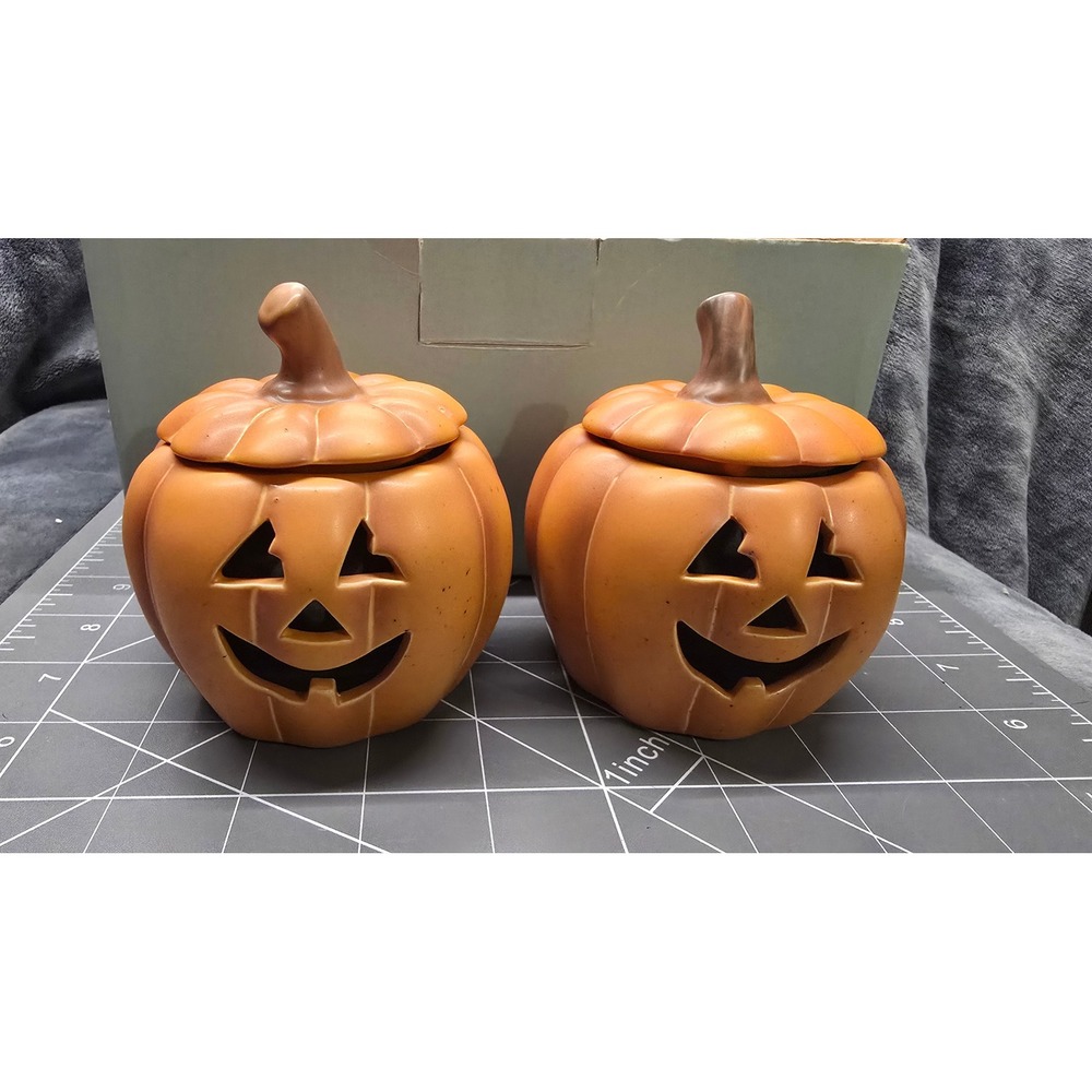 PartyLite Pumpkin Votive Pair P8729 Halloween Jack-O-Lantern Candle Holders Set